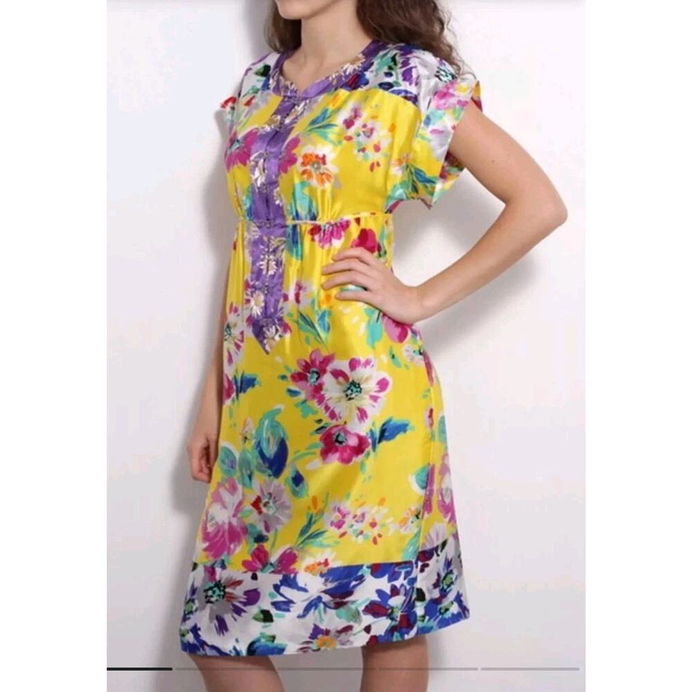 Calypso St. Barth Silky Floral Caftan Dress MEDIUM Hook & Eye Front Closure New
